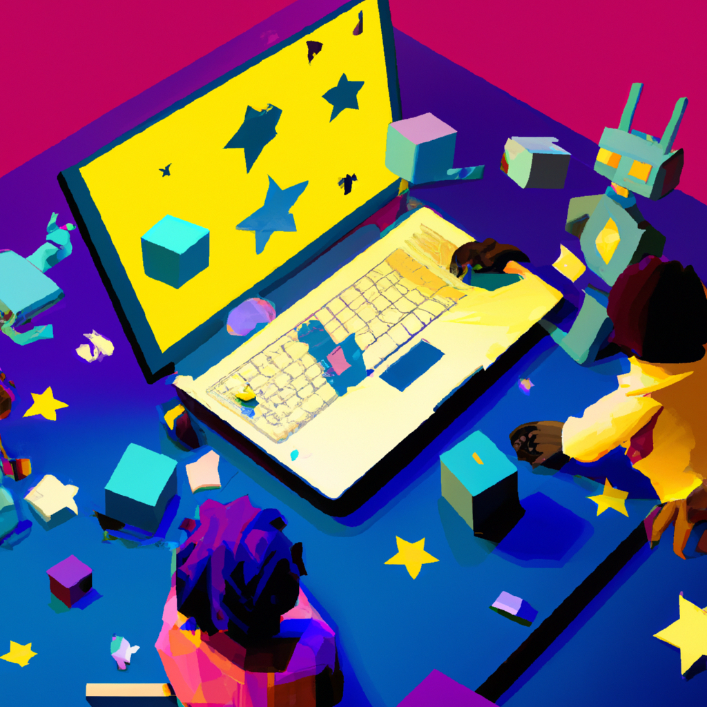 Playful illustration of kids learning coding together with laptops and colorful blocks